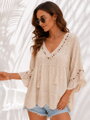 Boho letná blúzka s čipkou a výšivkou béžová