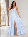 Dlhé baby blue saténové spoločenské šaty 1102