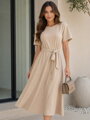 Dámske elegantné midi šaty béžové s opaskom