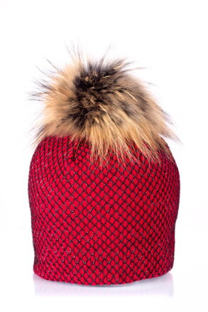 Dámska čiapka s brmbolcom z pravej kožušiny  Meggi- červená
