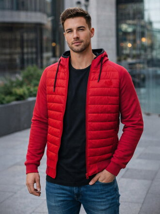 Pánska prechodná bunda na zips v červenej farbe s kapucňou