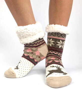 Dámske vianočné ponožky sobík+vločka krémové