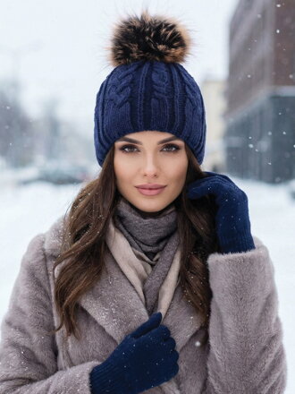 Dámska čiapka s bambuľou z pravej kožušiny  Pola - tmavo-modrá