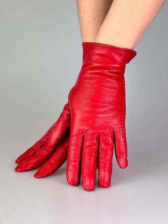 Červené elegantné kožené rukavice s prešitím 