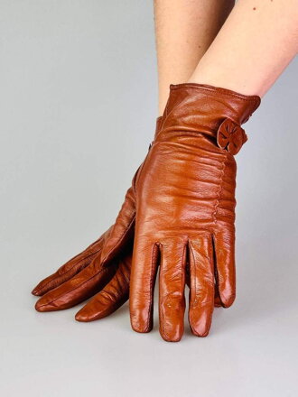 Dámske kožené rukavice v hnedej farbe s mašličkou 