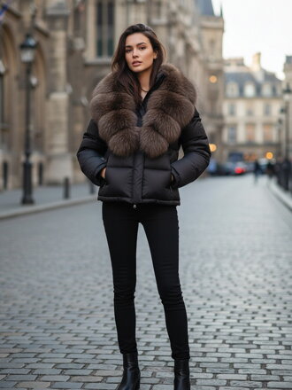 Dámska čierna prešívaná zimná bunda s pravou kožušinou 