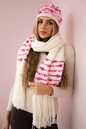 Dámsky set čiapka + sál K304 ecru + fuchsia
