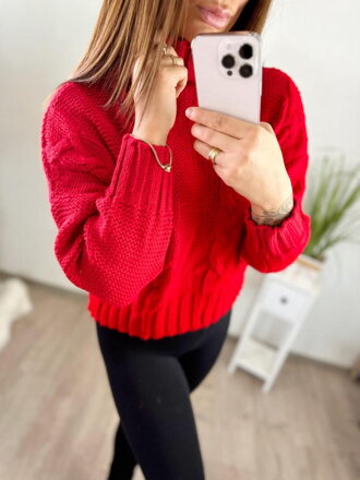 Dámský zářivý pletený červený svetr 