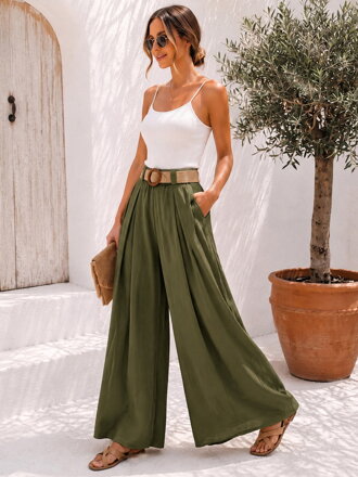 Dámske letné palazzo nohavice s opaskom 12487 khaki zelené
