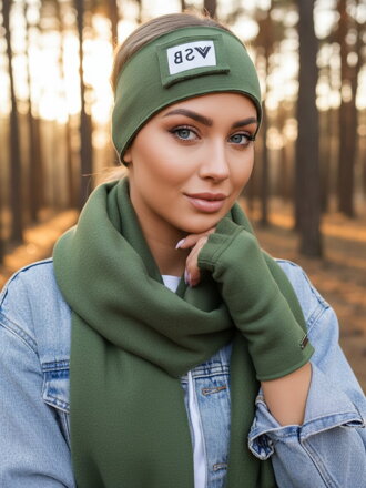 Luxusný teplákový VSB set šál + čelenka olivová 