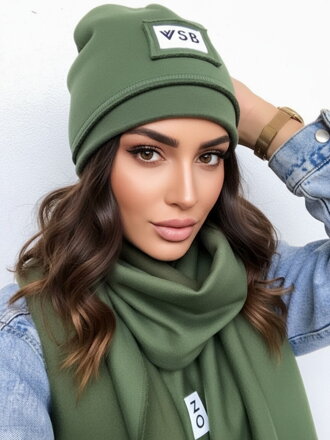 Luxusný teplákový VSB set šál + čiapka olivová 