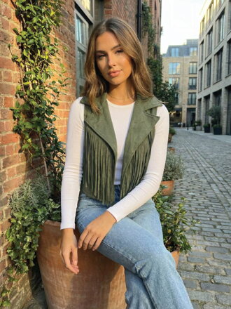 Dámska vesta oliva so strapcami 