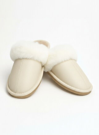 Dámske kožené papuče krémové model 113 s kožušinou 