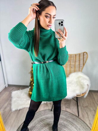 Predlžený rolákový pletený zelený sveter 