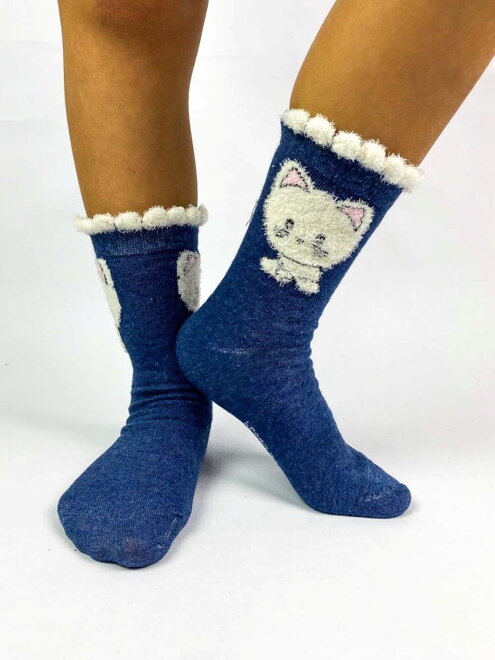 Dievčenské ponožky v modrej farbe s mačičkou 