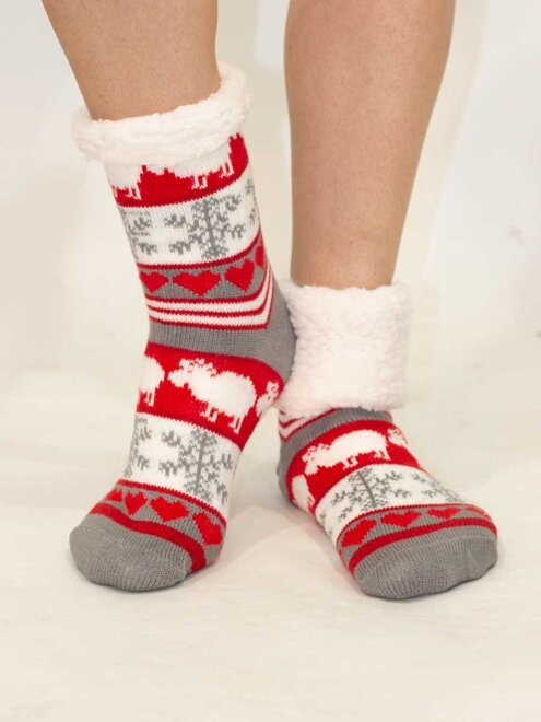 Dámske termo ponožky - vzor los + vločka 4 červeno-šedé