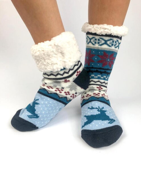 Dámske vianočné ponožky sobík+vločka modré