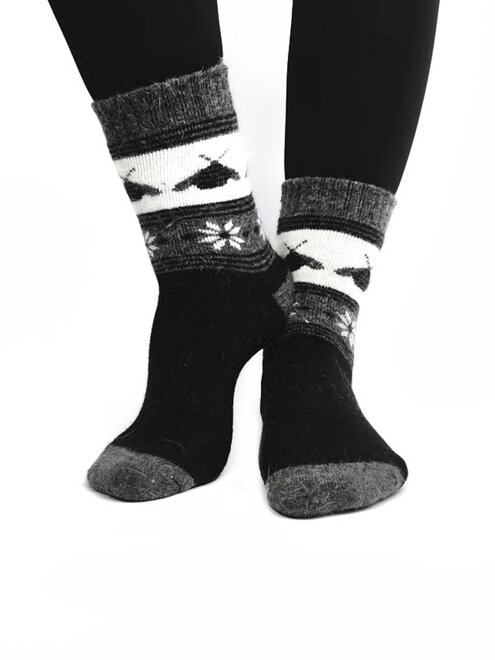 Dámske vlnené ANGORA ponožky čierno-sivé včielky 