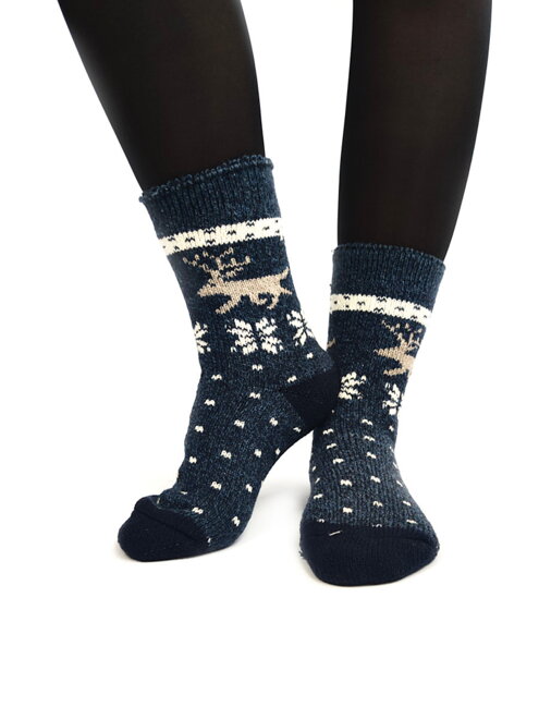 Vianočné dámske ponožky sobík tmovomodré