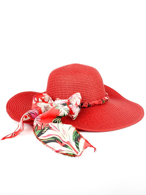 Žiarivý červený klobúk s farebnou stužkou B-58
