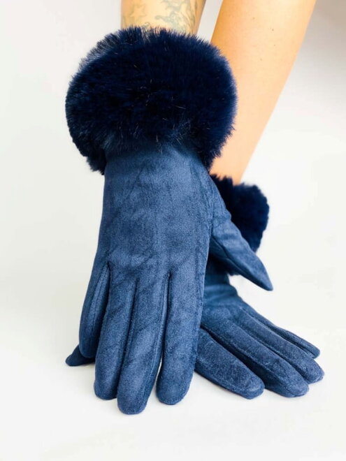 Dámske rukavice s kožušinou tmavo-modré