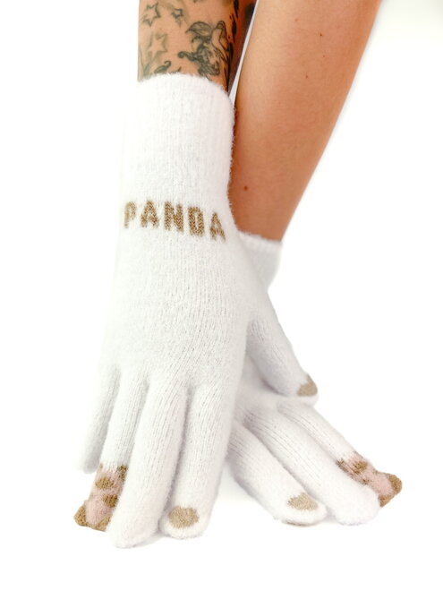 Biele pletené rukavice s pandou 