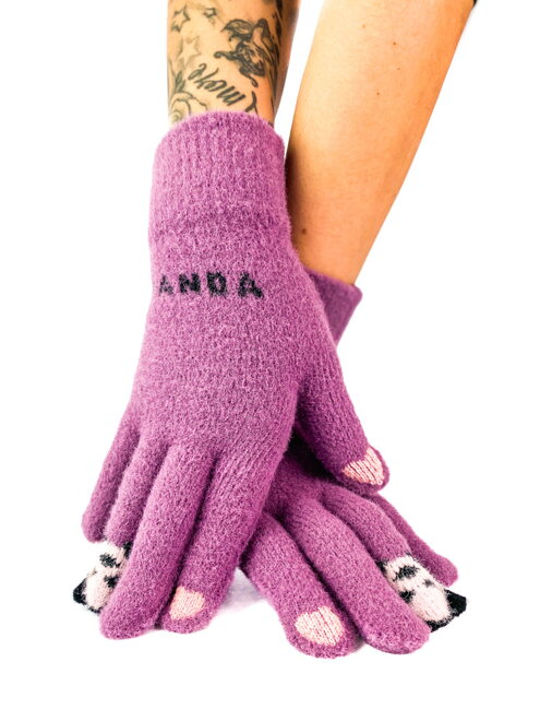 Pletené fialové rukavice s pandou 