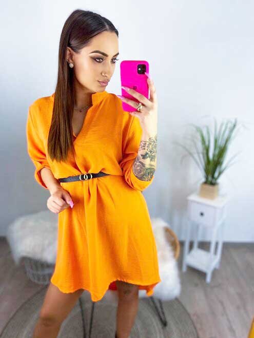 Oranžové letné košeľové šaty s opaskom