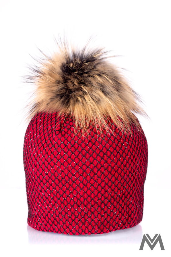 Dámska čiapka s brmbolcom z pravej kožušiny  Meggi- červená