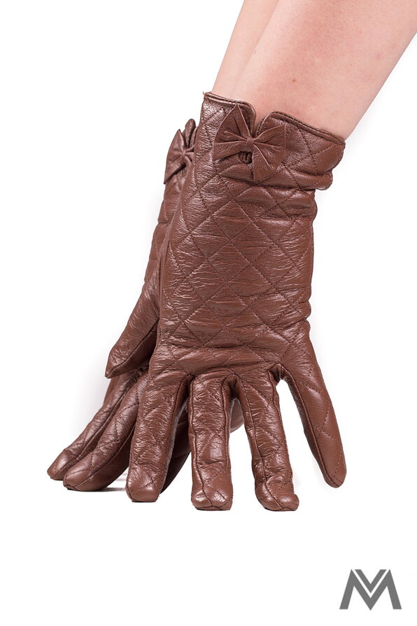 Dámske kožené rukavice - tmavo-hnedé s mašličkou