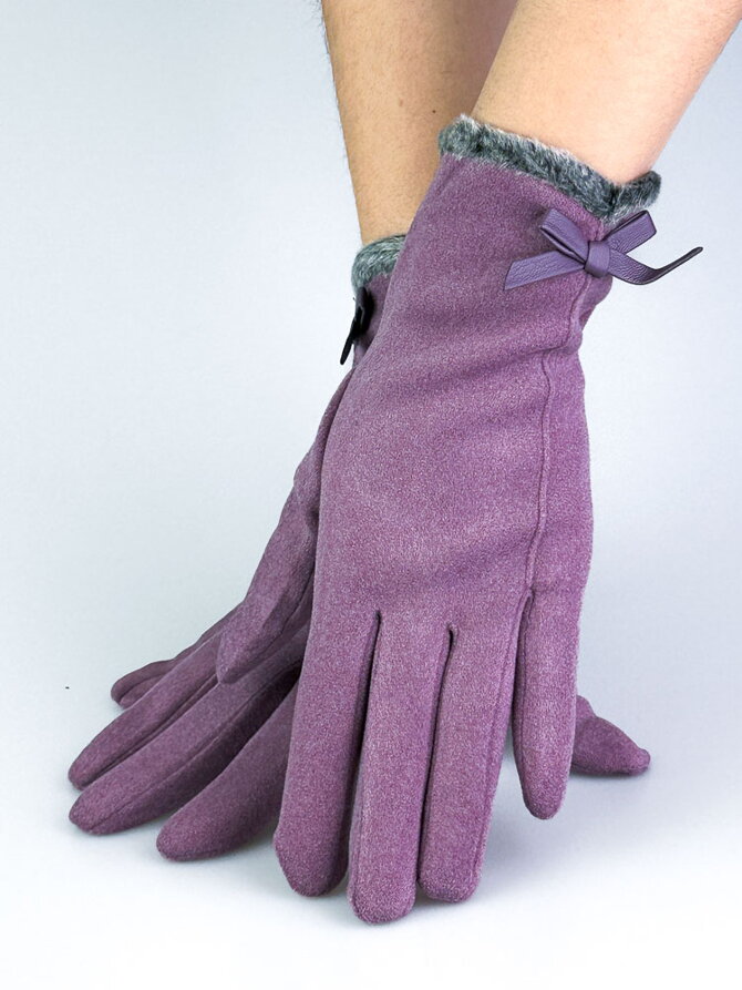 Dámske fialové rukavice s mašličkou a kožušinkou
