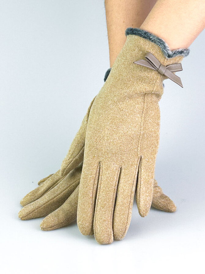Dámske rukavice s koženou mašličkou camel
