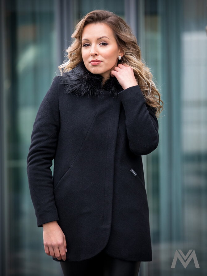 Luxusný dámsky kabát s kožušinkou DEYSI čierny