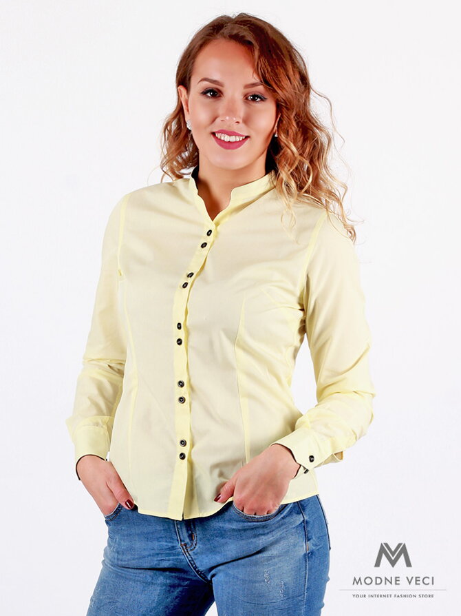 Žltá bezgolierová košeľa pre ženy v slim fit strihu VS-DK 1733