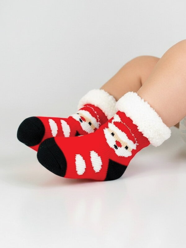 Teplé ponožky pre babätká červené s mikulášom L024