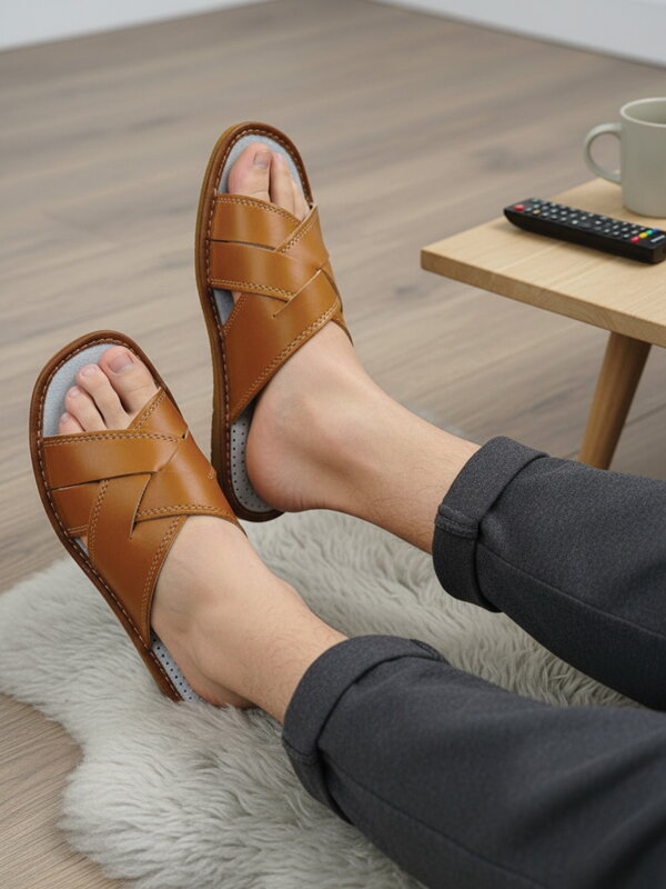  Pánske kožené papuče Model 13A hnedé preplietané