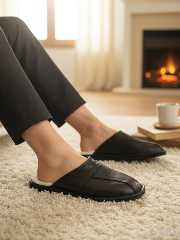  Pánske kožené papuče Model 16B čierne oteplné