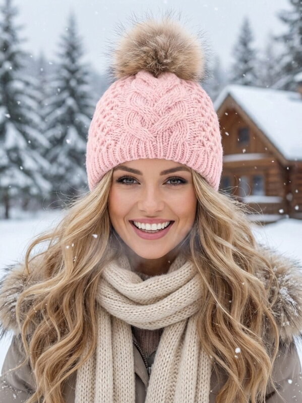 Dámska čiapka s bambuľou z pravej kožušiny  Ania - ružová