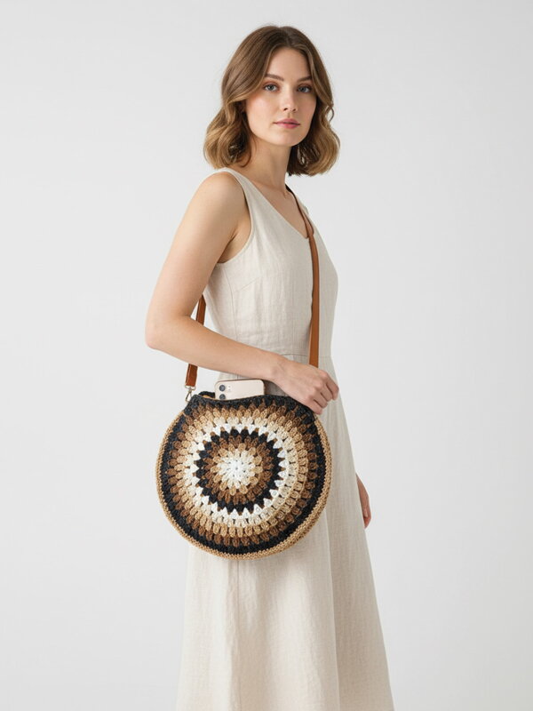 Slamená kabelka v okruhlom tvare 