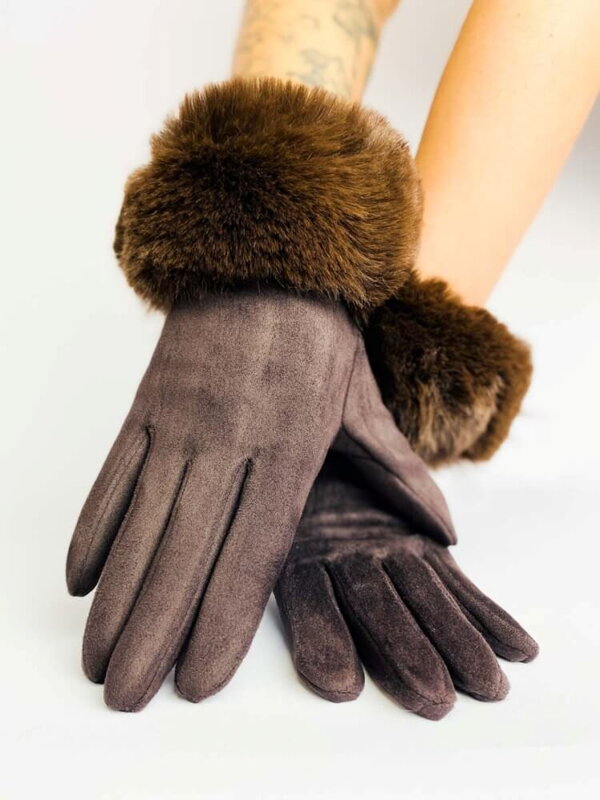 Dámske rukavice s kožušinou horká čokoláda