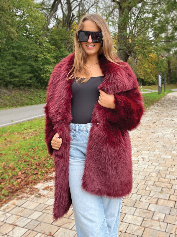 Dámsky bordový H1 kožuch z umelej kožušiny