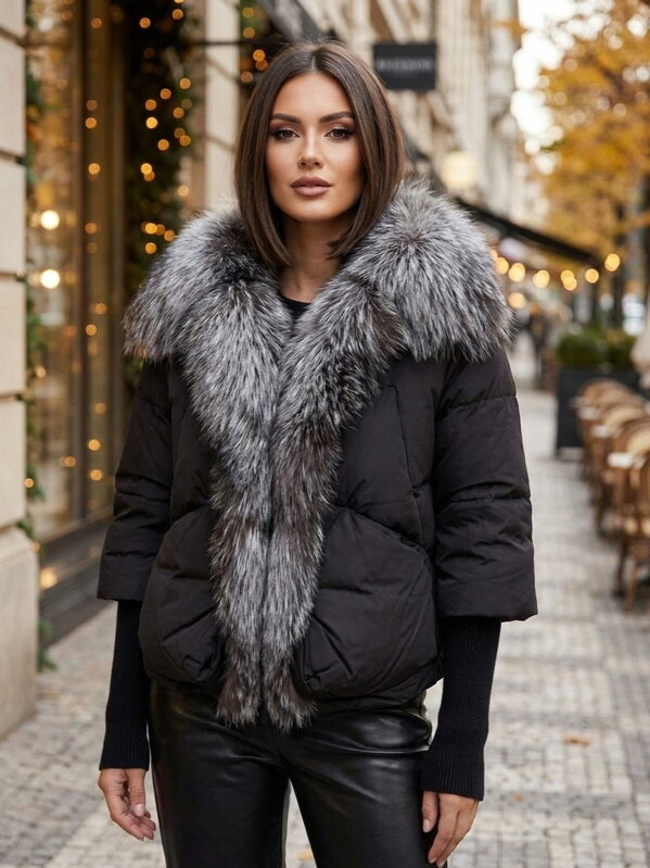 Dámska páperová zimná bunda s pravou kožušinou  