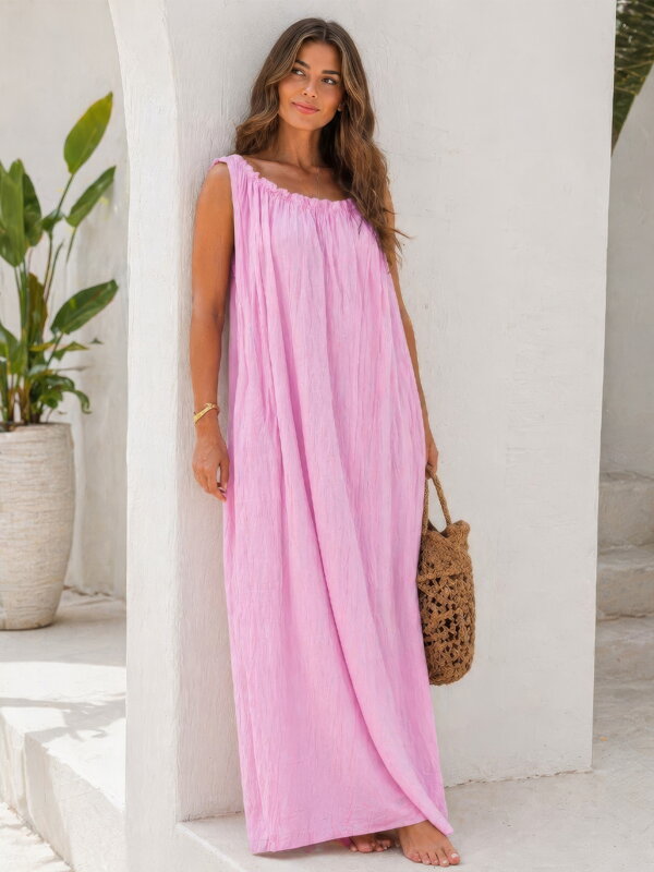 Dámske dlhé letné šaty ružové – voľné maxi