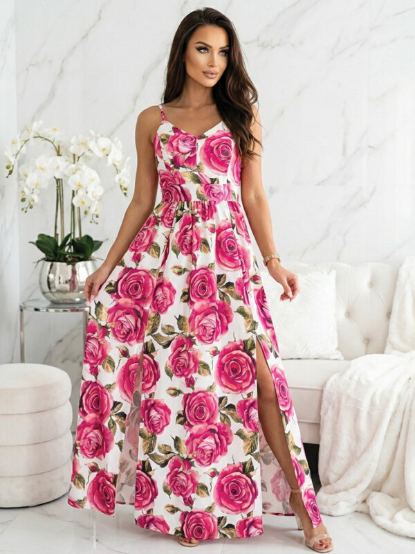 Dlhé dámske šaty s ružovými kvetinami 