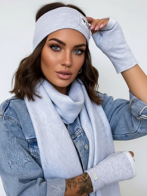 Teplákový VSB set šál + čelenka +  rukavice sivá 