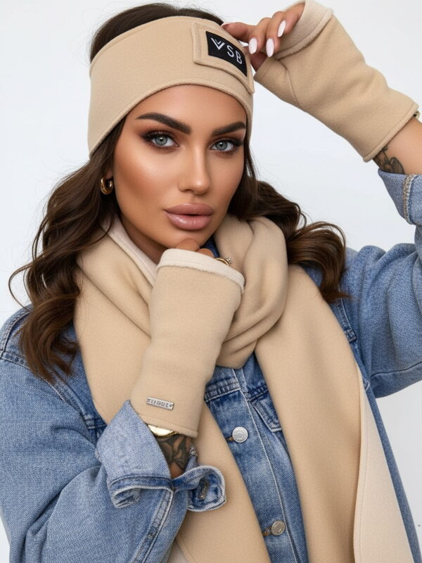 Teplákový VSB set šál + čelenka + rukavice telová 