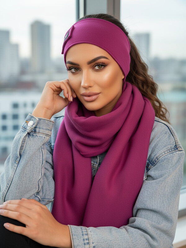 Luxusný teplákový VSB set šál + čelenka slivková