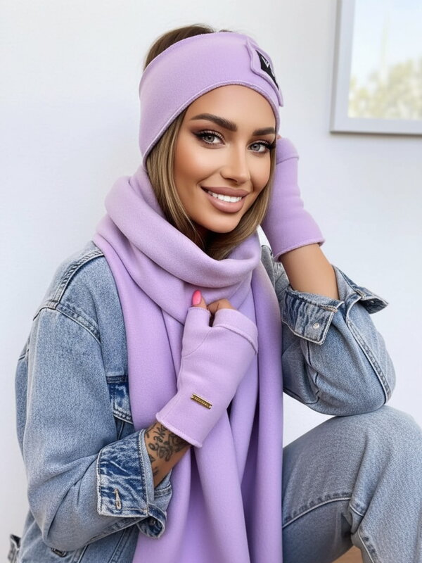 Teplákový VSB set šál + čelenka + rukavice lila fialová