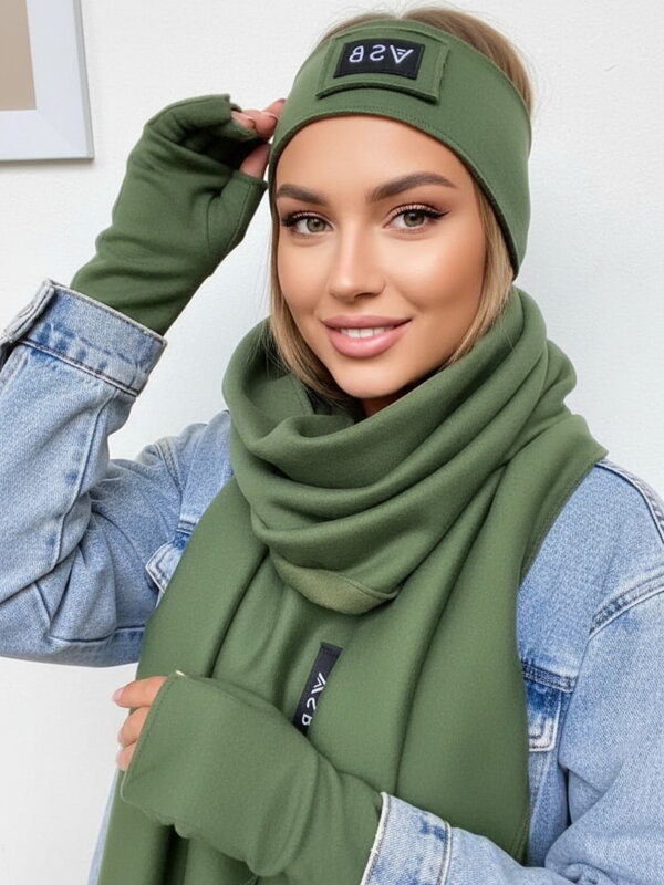 Teplákový VSB set šál + čelenka + rukavice olivová