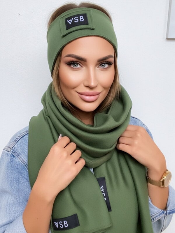Luxusný teplákový VSB set šál + čelenka olivová
